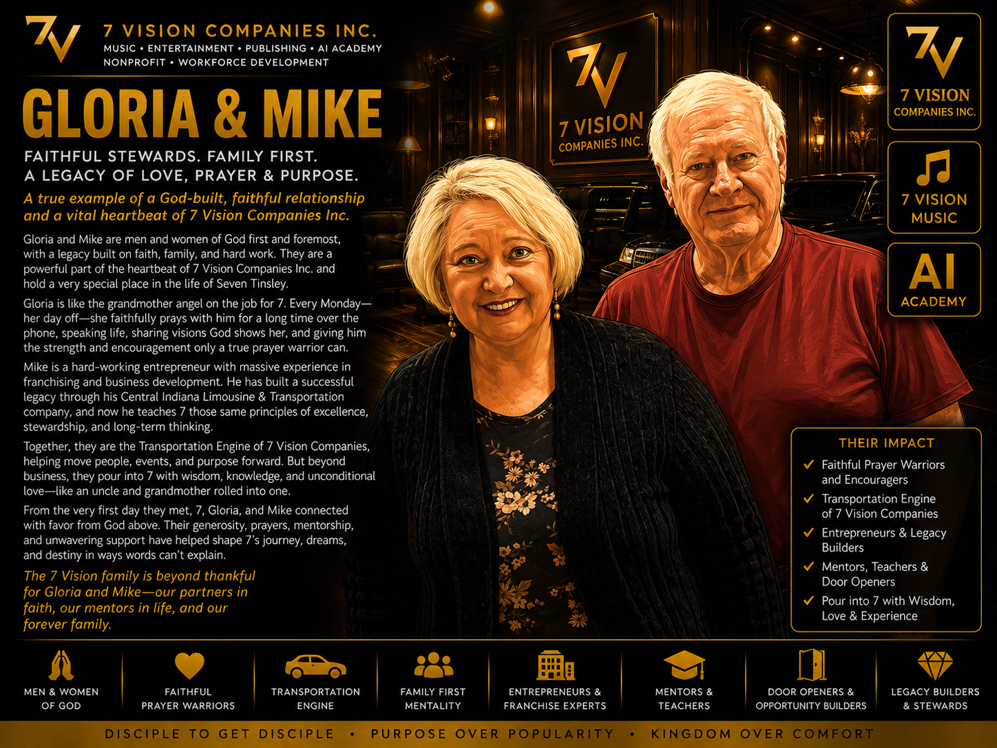 Profile poster for Gloria & Mike, Faithful Stewards. Family First. at 7 Vision
