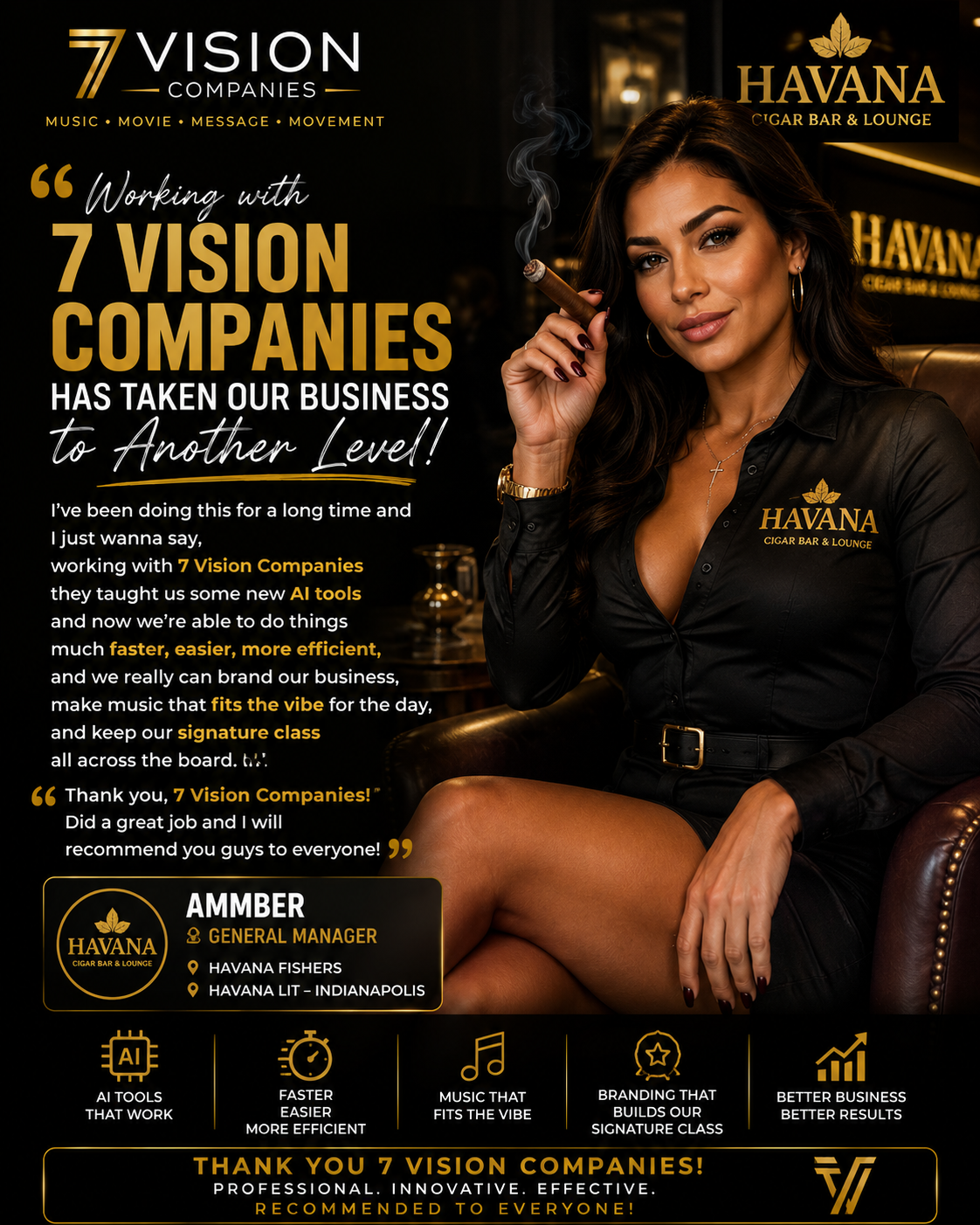 Testimonial from Ammber, General Manager of Havana LIT in Indianapolis, on learning AI tools and branding the business with 7 Vision Companies.