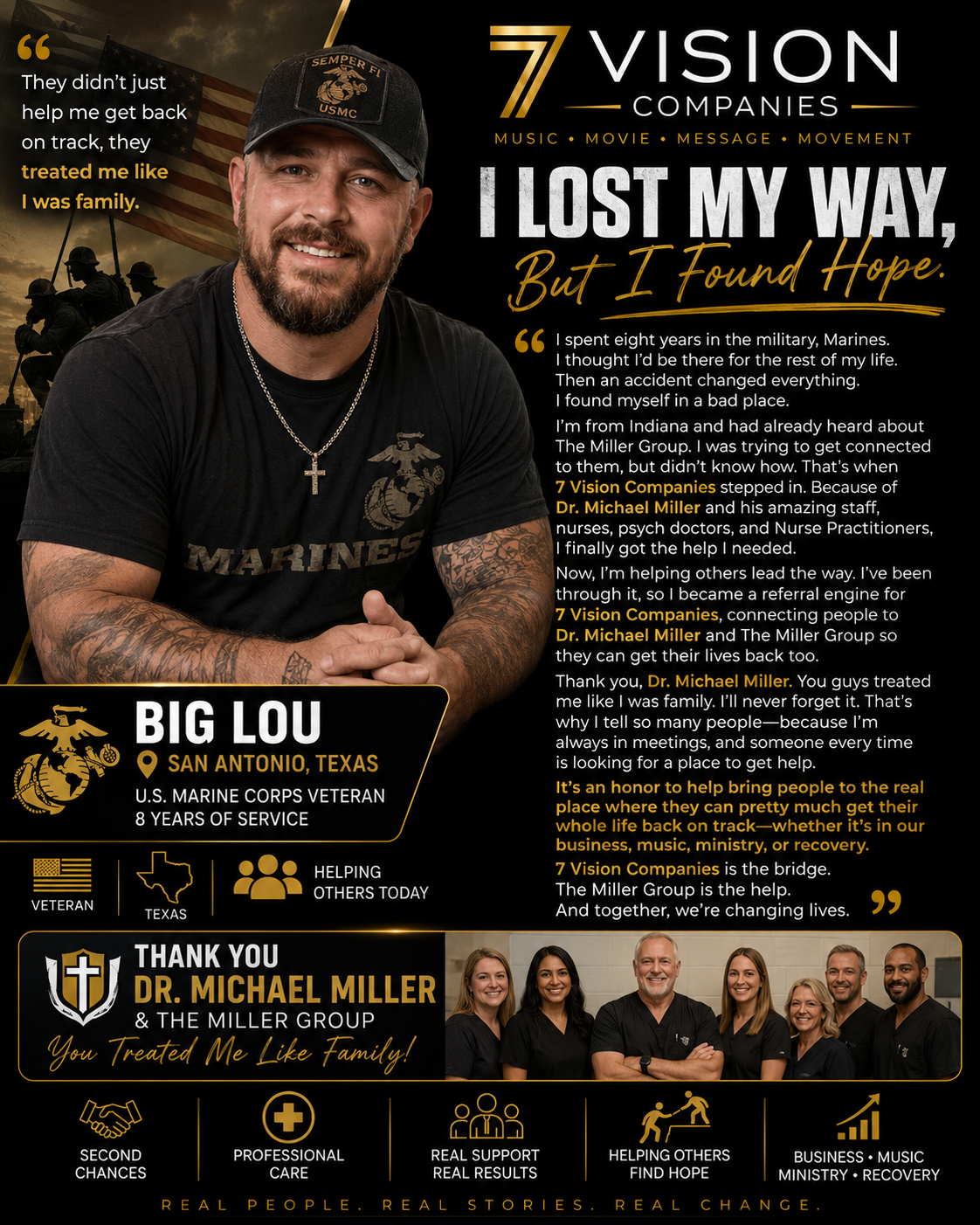 Testimonial from Big Lou, a Marine veteran in San Antonio, Texas, on getting connected to help through 7 Vision Companies and now helping others.