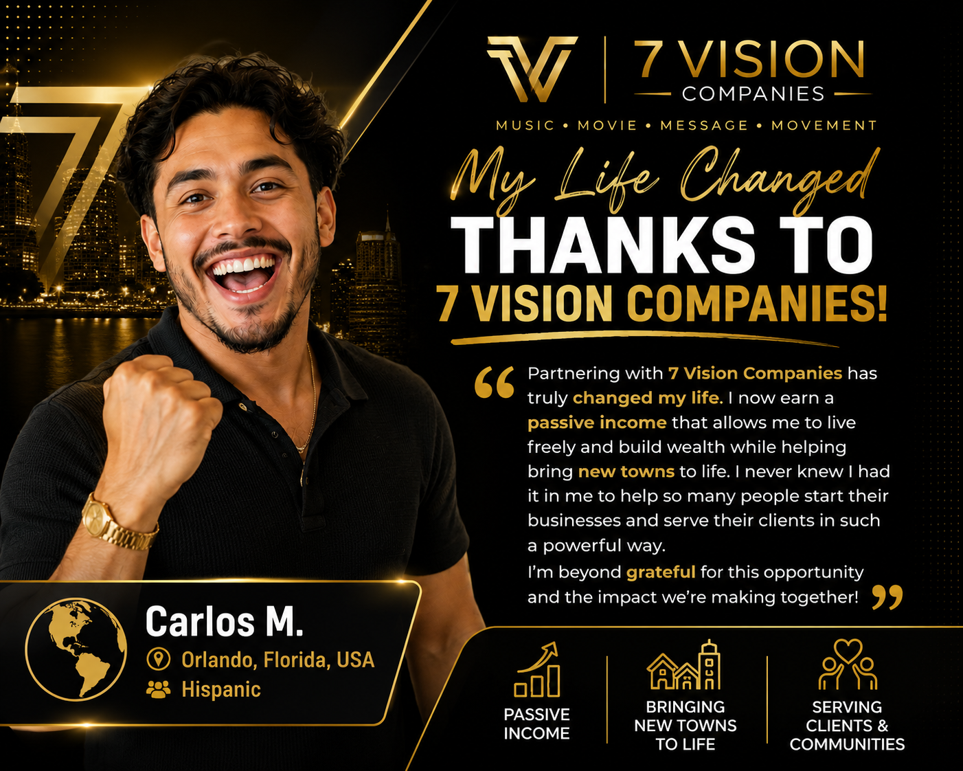 Testimonial from Carlos M. in Orlando, Florida, on partnering with 7 Vision Companies and helping others start their businesses.