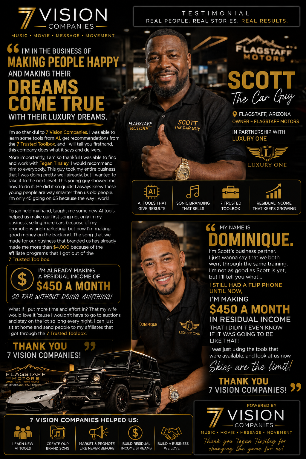 Testimonial from Scott and Dominique of Flagstaff Motors and Luxury One, on sonic branding, marketing and growing the business with 7 Vision Companies.