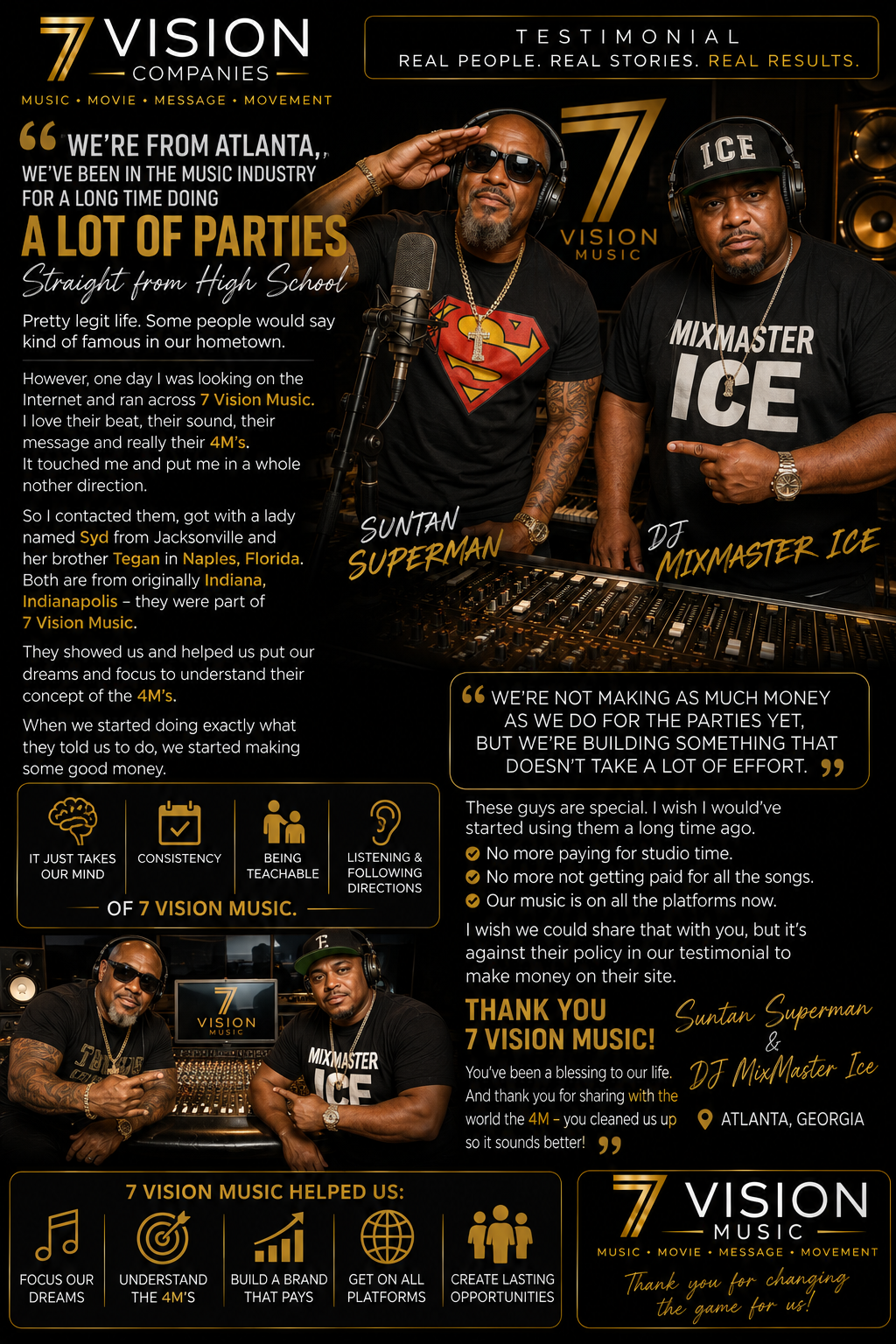 Testimonial from Suntan Superman and DJ MixMaster Ice, three decades in the music industry, on working with 7 Vision Music and getting their catalogue onto streaming platforms.